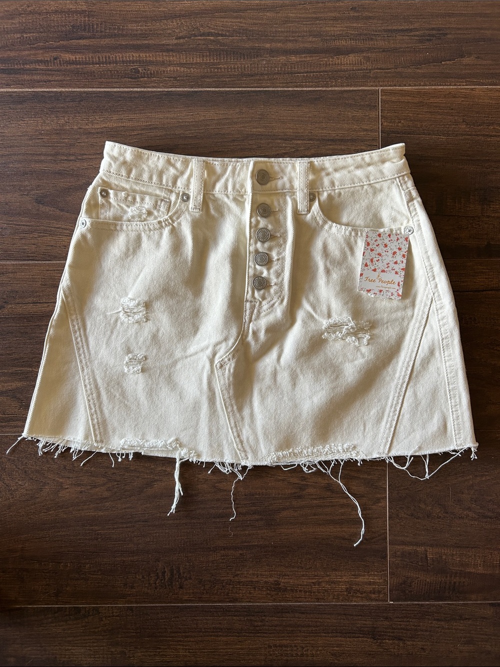 Free People Cream Distressed Button-Front Mini Skirt